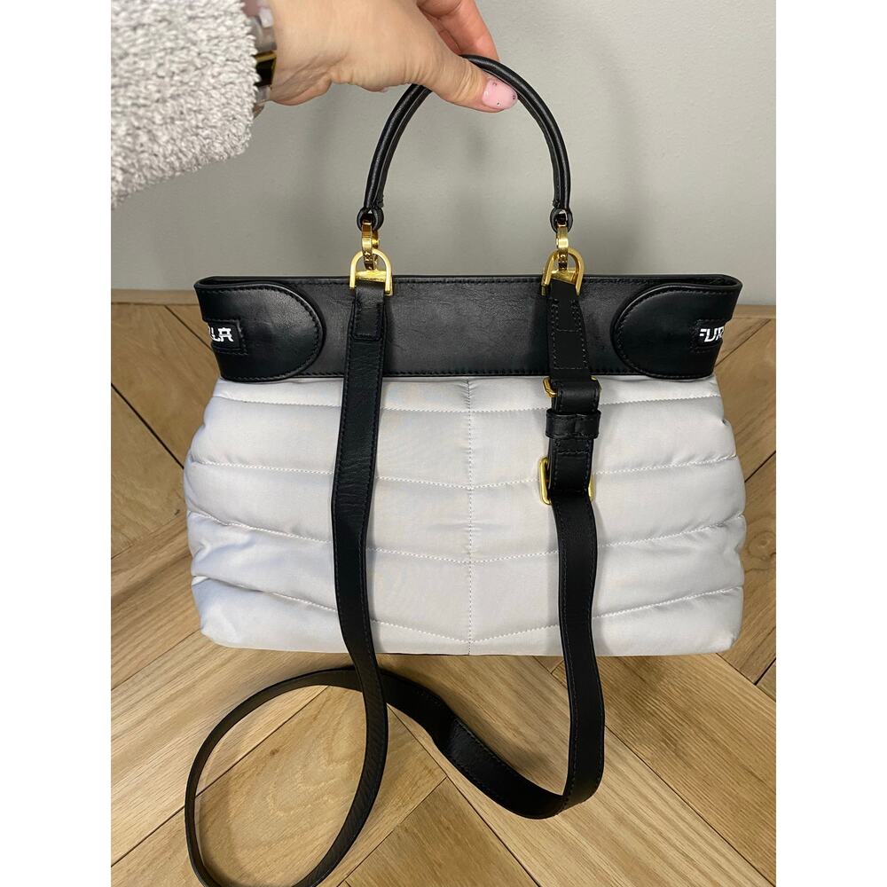 Furla Metallic Silver Puffer Nylon Tote Bag Black Leather Trim - Picture 5 of 7